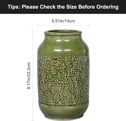Modern Ceramic Vase for Flower, 9 Inch Minimalist Decorative Vases for Home Decor, Table Shelf, Console Cabinet, Mantle, Living Room, Bathroom, Bedroom, Office, Green