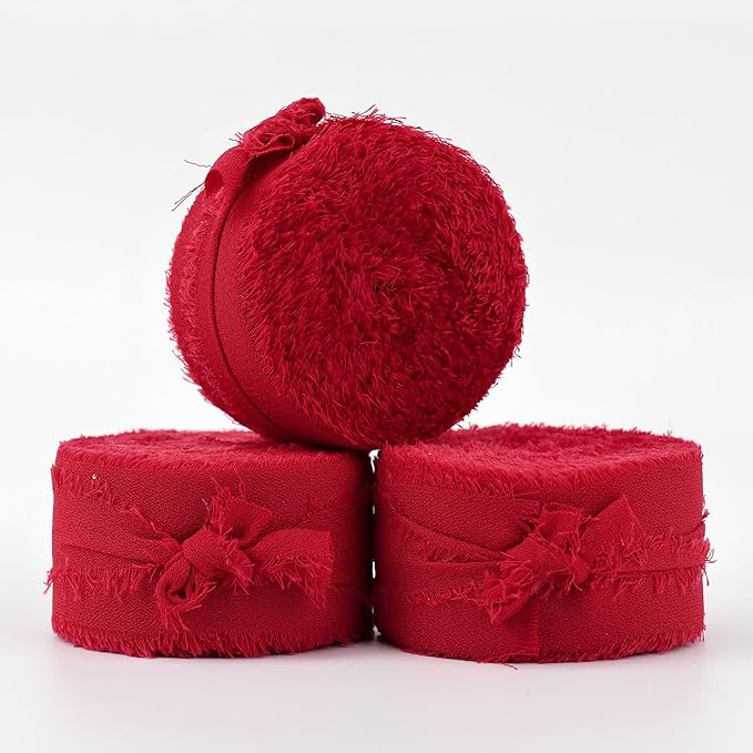 MEEDEE Red Chiffon Ribbon 1 Inch Frayed Ribbons Chiffon Silk Red Fringe Ribbons Thin Chiffon Ribbon for Crafts, Gift Wrapping, Wedding Invitation (3 Rolls 21 Yards)