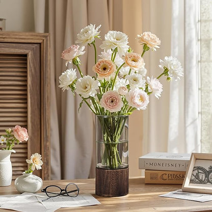 VECELO Artistic Flower vase with Wooden Base, 7" Tall Boho Rustic Cylinder Glass vase for Fresh Flowers, Fireplace Bedroom Kitchen Living Room
