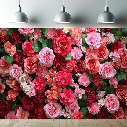 7x5FT Romantic Rose Flower Wall Backdrop Red Pink Floral Background for Wedding Birthday Anniversary Valentine's Day Party Decoration, Photo Booth Banner for Couple Engagement Event Decor 101