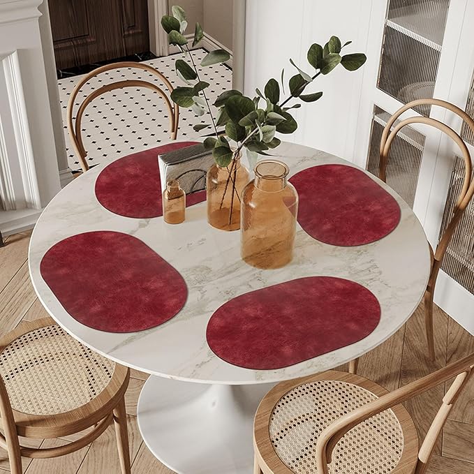 ADRIMER Placemats, Heat Resistant Oval Placemats Set of 4 Washable 12 x 17 Inch, Waterproof Table Mats, Wipeable Pu Place Mats for Kitchen, Dining Room, Wine Red