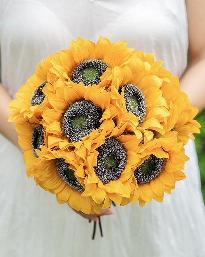 DuHouse 12pcs Artificial Sunflowers with Long Stems 5.5" Silk Sunflowers Bulk for Wedding Home Garden Outdoor Party Decoration(Yellow)