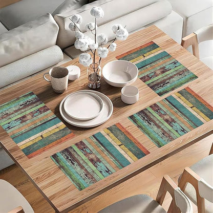 Vintage Colorful Wooden Placemats Set of 4, Placemats Dining Table Mat Set,12x18 Washable Stain Resistant Wipeable Cloth Placemat for Kitchen Buffet Parties