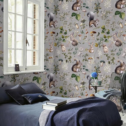 Whimsical Peel and Stick Floral Animal Wallpaper Squirrel Rabbit Removable Botanical Leaf 17.7" x 236.22" Wall Paper Watercolor Self Adhesive Contact Paper for Classroom Bedroom laundry room bathroom