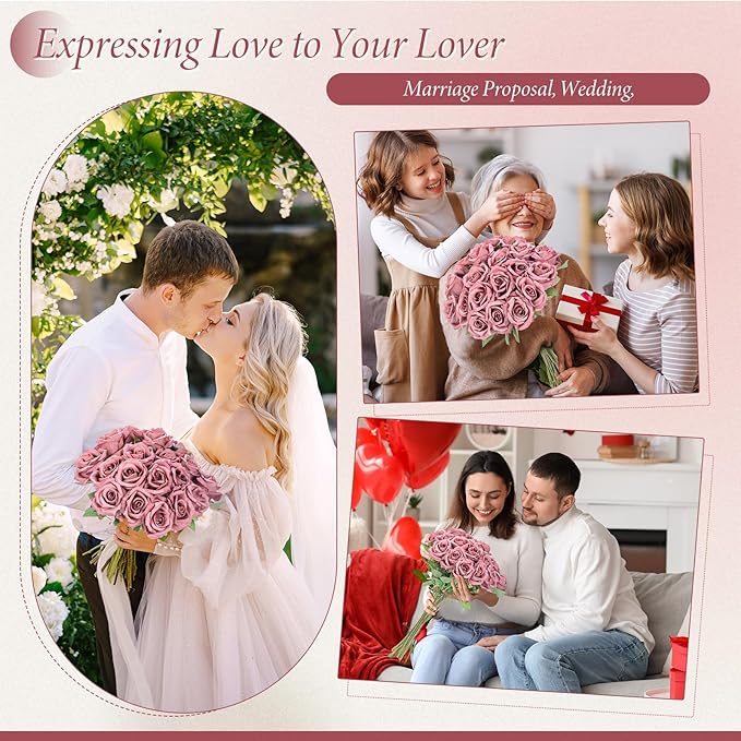 Hotop 40 Pcs Rose Artificial Flowers Bulk with Long Stem,Realistic Silk Fake Roses Bouquet for Home Wedding Centerpieces Party Table Decoration Valentines Gifts(Dusty)