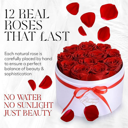 GLAMOUR BOUTIQUE Flowers Forever in a Box 12 Preserved Roses in Velvet Box, Birthday, for Women, Eternal Rose for Wife, Mom Flower - Red