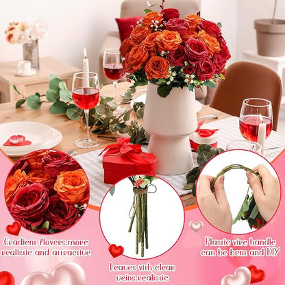 Geosar 16 Bundles Artificial Peonies Flowers Fake Silk Peony Bouquet Faux Peonies Flowers Bulk for Decoration Vase Floral Arrangements Wedding Party Table (Orange,Dark Red)