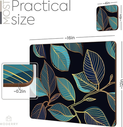 Set of 4 Heat Resistant Cork Placemats for Dining Table with Free Set of 4 Matching Drink Coasters Sage Green Marble Design 16 x 12 Inches Cork Backed Hard Placemats (Blue Gold Botanical)