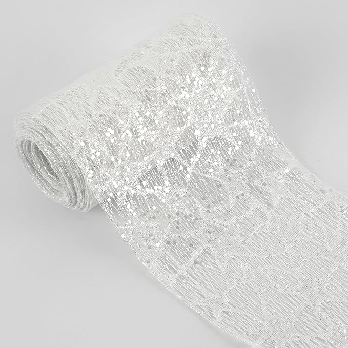 MEEDEE 6 Inch Wide Wired Ribbon White Glitter Mesh Web Wired Edge Ribbon by 10 Yards Roll White Mesh Wired Ribbons for Christmas Tree, Garland, Holiday Crafts, Bows, Centerpiece, Gift Wrapping