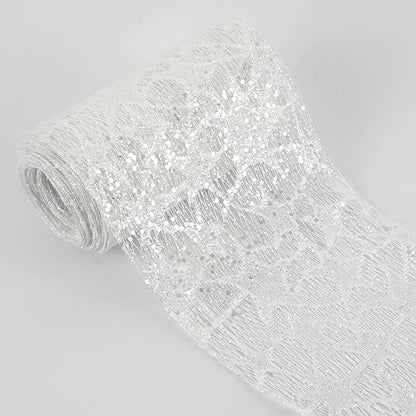 MEEDEE 6 Inch Wide Wired Ribbon White Glitter Mesh Web Wired Edge Ribbon by 10 Yards Roll White Mesh Wired Ribbons for Christmas Tree, Garland, Holiday Crafts, Bows, Centerpiece, Gift Wrapping