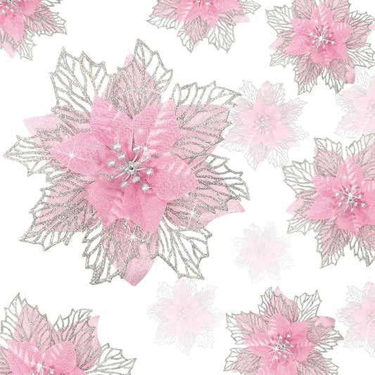 Geosar 24 Pieces Christmas Glitter Poinsettia Flowers Layered Artificial Xmas Flowers Wedding Christmas Tree New Year Ornaments 3/4/6 Inch(Pink)