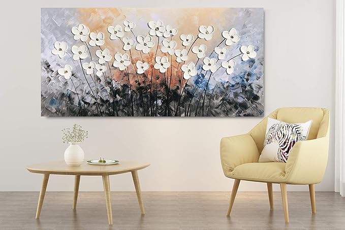 Yihui Arts Hand-Painted Oil Painting on Canvas Textured White Floral Wall Art Modern Horizontal Decor for Living Room Bedroom Office