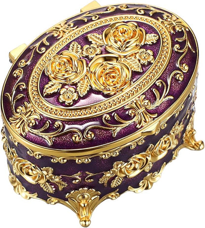 Hipiwe Vintage Oval Jewelry Storage Box Metal Trinket Organizer Purple Treasure Chest Box for Earring Necklace Ring Holder Gift for Women