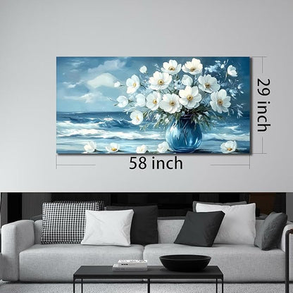 Flower Wall Art for Living Room, Ocean Canvas Wall-Decor for Bedroom, Blue and White Picture Print Artwork for Office, Large Size 59 x 29 Inches