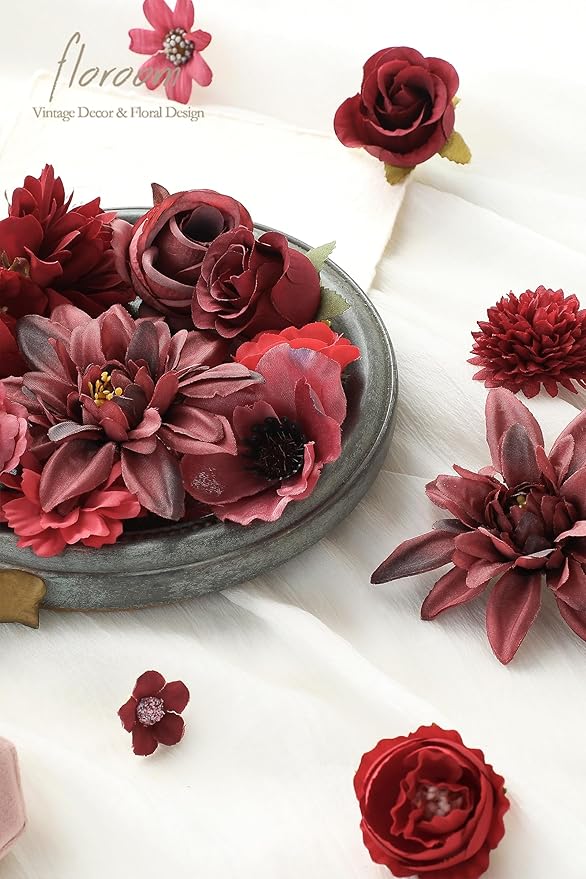 Floroom Mini Artificial Flower Heads Burgundy & Red Fake Peony Daisy Rose Multicolor Small Faux Silk Flower Heads for Cake Craft Garland Wedding Party Graduation Cap DIY Home Decoration, 0.8"-3.6"