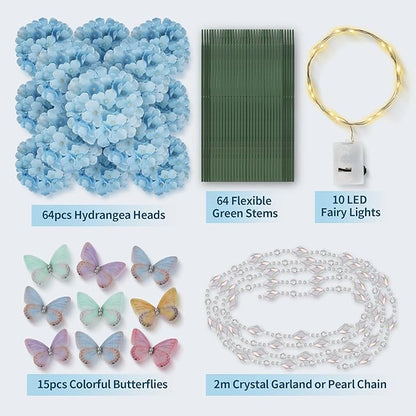 64PCS Artificial Hydrangea Flowers with Stems, Silk Flower Heads with 15 Butterfly, Crystal Strings and LED Lights for Wedding Arch, Centerpiece, Home, Garden Party Décor (64, Blue)