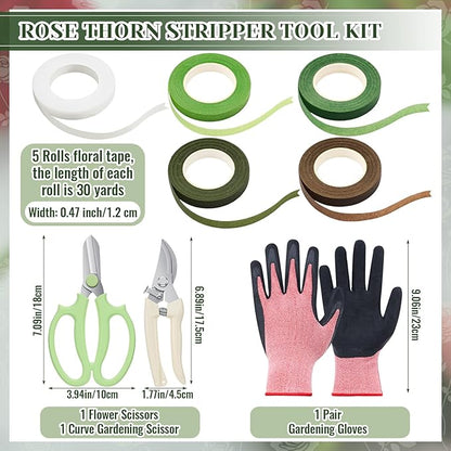 Lasnten 9 Pcs Rose Stripper Thorn Remover Set Include 1 Rose Thorn Stripper Tool 5 Floral Tape 1 Flower Scissor 1 Curve Gardening Scissors 1 Pair Gardening Gloves for Home Wedding Florist(Green)