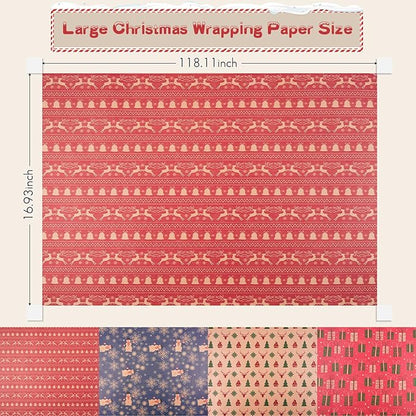 Happypapa Christmas Wrapping Paper, Kraft Xmas Wrapping Paper Rolls - Jingle Bell, Reindeer, Gift and Snowflakes Pattern - 4 Rolls - 17 Inch × 120 Inch Per Roll