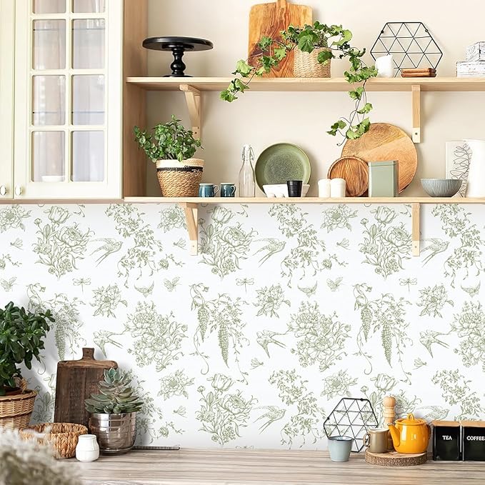 Floral Birds Wallpaper Peel and Stick Green and White Contact Paper 16.9”x 118.1”Vintage Floral Self Adhesive Removable Wallpaper Green Flower Contact Paper for Bathroom Kitchen Decor