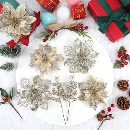 22 Pcs Champagne Christmas Poinsettia Artificial Flowers and Glitter Berries Stems Kit, Christmas Poinsettias Decorations and Christmas Tree Ornaments for Xmas Home Wedding Holiday Tree Decor