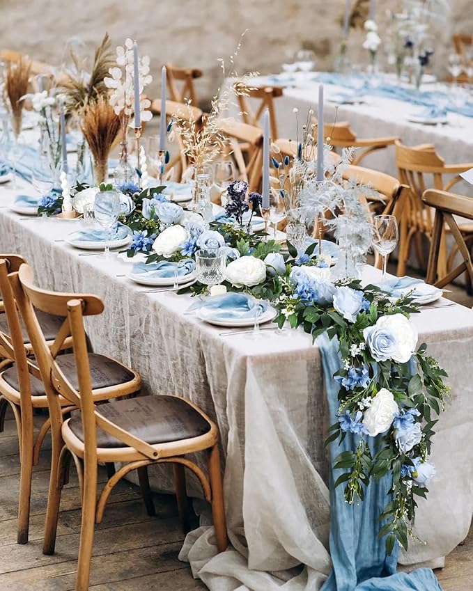 Lvydec 2 Pack Artificial Peony Flower Garland - 6ft Silk Peony Vine Willow Leaves Garland Blue and White Arch Flower Vine for Wedding Party Table Decoration (Blue)
