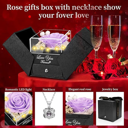 Preserved Light Purple Real Rose with Heart I Love You Necklace -Eternal Flowers Rose Birthday Gifts for Women Her Mom Wife Girlfriend Grandma on Valentines Mothers Day Christmas Anniversary