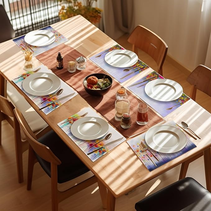 Spring Weeds Placemats Set of 6,Washable Heat Resistant 12×18 Inch Linen Table Mats Purple Nature Landscape Place Mats for Party Outdoor Dining Décor