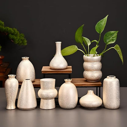 Set of 9 Ceramic Bud Vases for Pampas Grass Flowers, Small Vases in Bulk for Centerpieces Boho Vases for Wedding Decorations Neutral Living Room and Bedroom Decor DIY Gift (Gold)