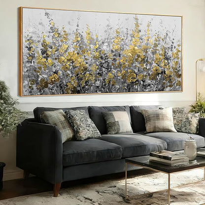 WINKAILIN Black Gold Wall Art Abstract Oil Flower Canvas Grey Painting Modern 32x70 Plant Artwork with Frame for Living Room Office Decoration