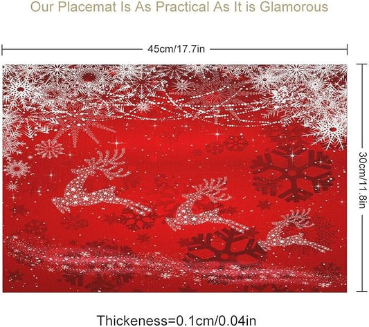 Christmas Elk Placemats Cartoon Red Festive Christmas Snowflake Gift Bell Beautiful Deer Placemats Table Kitchen Dining Party 12x18 Inch Set of 6