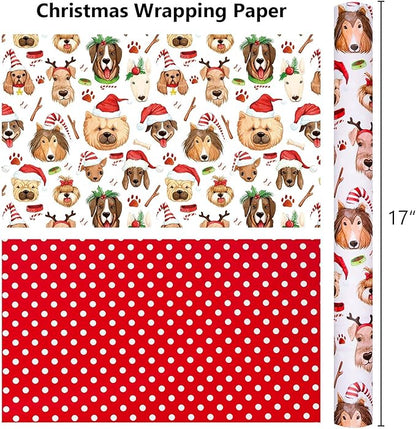 MAYPLUSS Christmas Wrapping Paper Roll - 17 Inch X 33 Feet - Cute Dog Hat Reversible Polka Dot Gift Wrapping Paper, Thick Wrap Paper for Holiday Party New Year Kids