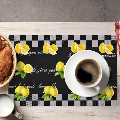 Lemon Kitchen Table Placemats Set of 6 Vintage Black White Checkered Summer Fruit Print Placemat Indoor Outdoor Party Home Desktop Dining Room Decor 12x18 Inch