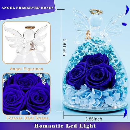 Beferr Christmas Birthday Gifts for Women, Mom Gifts for Christmas Fresh Flowers for Delivery Prime Forever Preserved Rose in Glass Angel Figurine Xmas Gifts for Grandma Wife Sister Her, Dark Blue