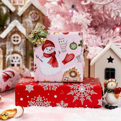 MAYPLUSS Christmas Wrapping Paper Roll - 17 Inch X 33 Feet - Cute Snowman Christmas Hat Gloves Reversible Snowflake Gift Wrapping Paper, Thick Wrap Paper for Holiday Party New Year Kids