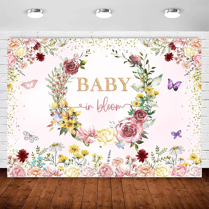InMemory Baby in Bloom Backdrop Wildflower Baby Shower Decorations for Girl,Spring Wildflowers Baby in Bloom Baby Shower Banner Background Wild Floral Baby Girls Party Supplies Photobooth Props 8x6ft
