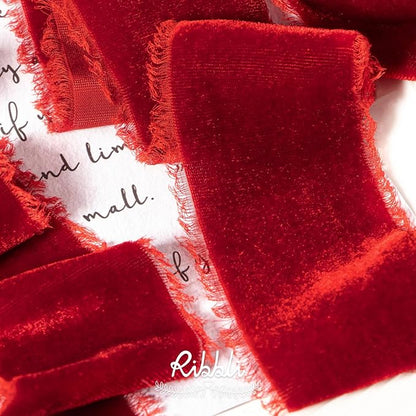 Ribbli Red Velvet Ribbon 2 Inch Handmade Frayed Vintage Christmas Ribbon for Gift Wrapping Christmas Tree Ornament Wreath Craft Home Decor -3 Yards