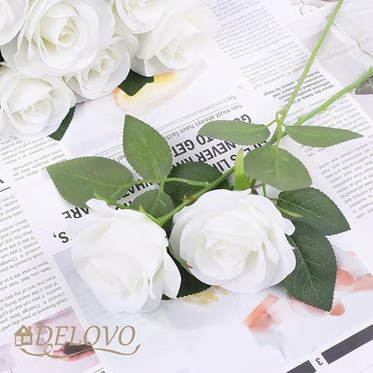 52pcs Ivory Roses Artificial Flowers Ivory White Roses Fake Flowers Silk Roses with Stems for DIY Wedding Bouquets Bridal Shower Centerpieces Arrangements Party Decorations