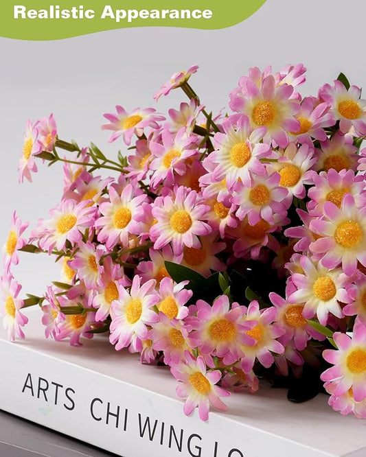 Daisy Flowers Artificial (144 Blooms), 12 Bundles Fake Wildflowers for Outdoor Planters, Faux Plants with Silk Daisies for Front Porch Garden Patio Home Aesthetic (Pink and White Gradient)