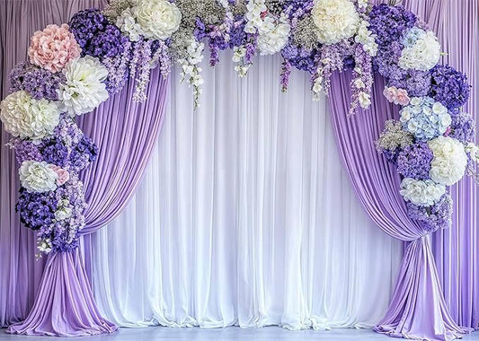 20x10ft Flower Photo Backdrop Floral Purple Photography Background White Curtain Spring Wedding Baby Shower Girl Princess Birthday Party Supplies Photo Studio Props