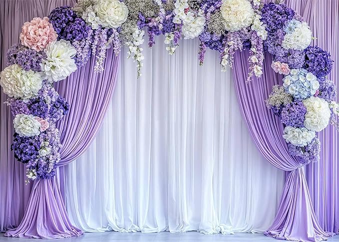 10x10ft Flower Photo Backdrop Floral Purple Photography Background White Curtain Spring Wedding Baby Shower Girl Princess Birthday Party Supplies Photo Studio Props