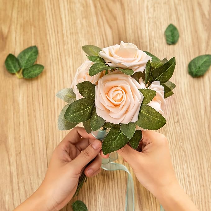 Artificial Flower Foam Rose 25pcs Real Looking Fake Rose with Stems Leaves for Home Decoration Party Garden Centerpieces DIY Wedding Bouquets（Blush）