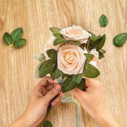 Artificial Flower Foam Rose 25pcs Real Looking Fake Rose with Stems Leaves for Home Decoration Party Garden Centerpieces DIY Wedding Bouquets（Blush）