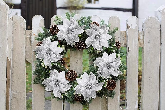 RECUTMS 10 Pieces Christmas Glitter Artificial Poinsettia Flowers Artificial Wedding Flowers Decorations Xmas Tree Ornaments 6-inch Decor Wreath Garland Holiday(Silver)