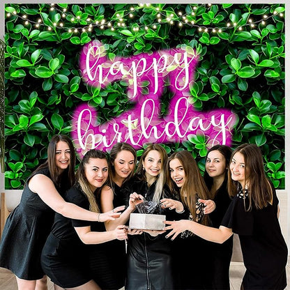 7x5ft Green Leaves Happy Birthday Decoration for Women Shiny Pink Neon Sign Party Backdrop Banner for Girl Princess 20th 30th 40th 50th Birthday Background Photo Booth Props