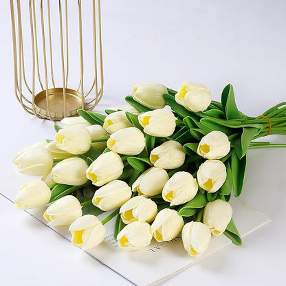 Sggvecsy 30 Pcs Fake Tulips Artificial Flowers Real Touch PU Faux Flowers Tulip Stems for Wedding Spring Bouquet Floral Arrangement Home Party Office Decorations for Mother's Day (Milk White)