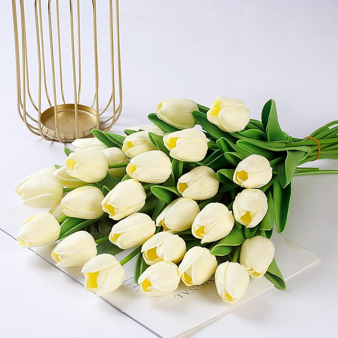Sggvecsy 15 Pcs Fake Tulips Artificial Flowers Real Touch PU Faux Flowers Tulip Stems for Wedding Spring Bouquet Floral Arrangement Home Party Office Decorations for Mother's Day (Milk White)