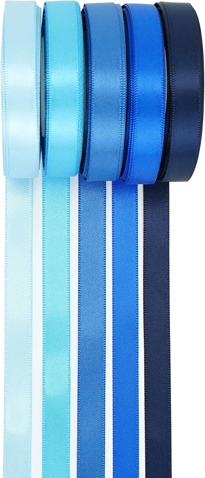 HUIHUANG Blue Solid Color Satin Ribbon Assortment - 5 Colors Double Face Satin Ribbon for Gift Wrapping, Wedding, Baby Shower - 3/8" X 10 Yard Each, Total 50 Yds Per Package