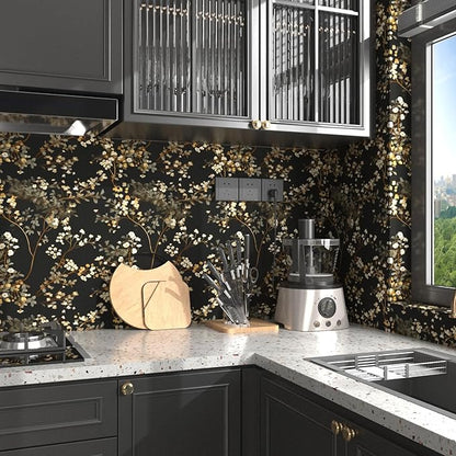 Black Floral Wallpaper Classic Leaves Wall Paper 17.4" x 118" Dark Moody Contact Paper Vintage Chinoiserie Watercolor Self Adhesive Covering for Bedroom Bathroom Cabinet Home Decor Beige Gold