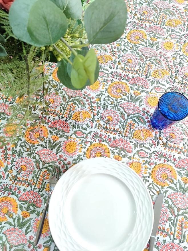 ATOSII Clover Yellow 100% Cotton Rectangle Fall Tablecloth, Handblock Floral Print Linen Table Cloth for Kitchen Dining I Parties, Weddings, Outdoors, Christmas, Thanksgiving Decor 60 X 108 Inches