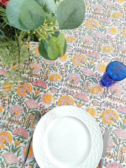 ATOSII Clover Yellow 100% Cotton Rectangle Fall Tablecloth, Handblock Floral Print Linen Table Cloth for Kitchen Dining I Parties, Weddings, Outdoors, Christmas, Thanksgiving Decor 60 X 108 Inches